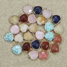 Pendant Necklaces Natural Stone Faceted Heart Shape Pendants Plated Gold Color Connector Charms DIY Jewelry Accessories Wholesale 12Pcs