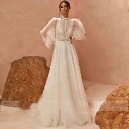 Свадебные платья Boho Vestidos De Boda 2023 с длинными рукавами-фонариками и трапециевидным вырезом, кружевные аппликации с высоким воротом, свадебный тюль