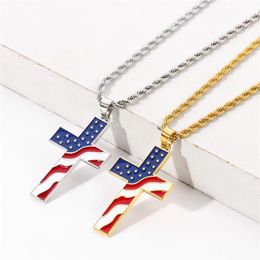 Pendant Necklaces Cross Crucifix Necklace For Men Women Gold Chain Stars And Stripes Flag Jesus Link Whole Jewelry280a