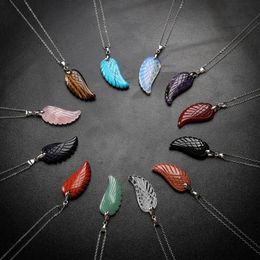 Aura healing crystal quartz gemstone Jewellery necklaces angel wings carved stone pendant necklace unisex269v