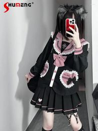 Work Dresses Original Black Pink JK Uniform Suit 2023 Fall Cute Sailor Collar Bow Tie Long Sleeve Jacket And Short Skirt Two Peice Sets