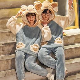 Women's Sleepwear Women Men Pajamas Sets Winter Thicken Warm Pyjamas Couples Cartoon Bear Korean Lovers Homewear Soft Pijama Hooded