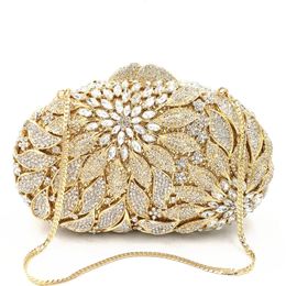 Evening Bags Gold Metal Leaves White Crystals Clutch Luxury Women Wedding Party Purse Ball Handbags Mini heart bag 231017