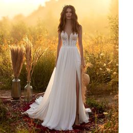 Boho Lace Wedding Dresses A-Line Split V-Neck Bridal Gowns Vintage Appliques Bride Vestidos Dovias Boda Backless