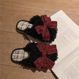 Womens autumn grey Brown blue Bow decoration leisure indoor soft bottom cotton slippers fashion home bedroom warm Cute girls Keep warm in winter size 36-41