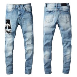 Jeans Designer Mens Trousers Famous Brand European and American Camouflage Patchwork Stretch Blue Solid Casual Plaid Regular Pant 226A