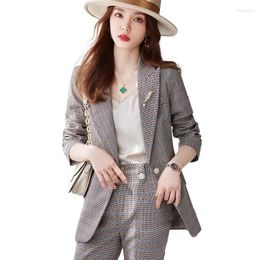 Women's Two Piece Pants High Quality Long Sleeve Single Button Plaid Women Pant Suit Office Ladies Female Business Work Wear Formal 2 Set