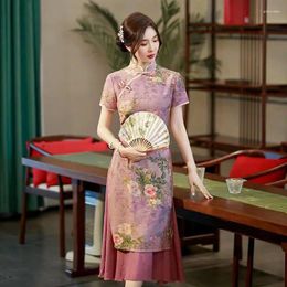 Ethnic Clothing Women Plus Size Cotton Cheongsam Short Sleeve Vintage Formal Dress Party Costumes Chinese Style Long Qipao Beige Purple