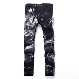 Gersri Men Jeans Patchwork Retro Pants Lion Pattern Cool Slim Classic Denim Personality Design Trousers Big Plus Size Men's295f