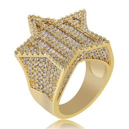 18K Gold & White Gold Mens Luxury Bling Cubic Zirconia Pentagram Hip Hop Ring Band Full Diamond Iced Out Rapper Jewelry Gifts for 285D