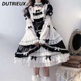 Casual Dresses Original Genuine Lolita Girl's Mid-length Dress Contrast Color Waist Slimming A- Line Op Long Sleeve Princess