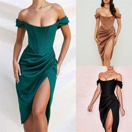 Casual Dresses Elegant Women Off Shoulder Push Up Midi Tube Dress With High Slit Cocktail Wedding Guest Birthday Club Party322Z