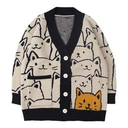 Men's Sweaters Harajuku Cartoon Cat Cardigan Sweater Men Streetwear Pattern College Knitwear Casual Knitted Japanese Knit Jacket Women Unisex 231018