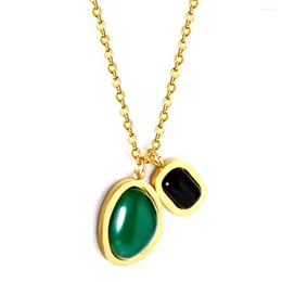 Pendant Necklaces Vintage Oval Green Black CZ Stone For Women Girls Stainless Steel Geometric Clavicle Chain Choker Jewellery