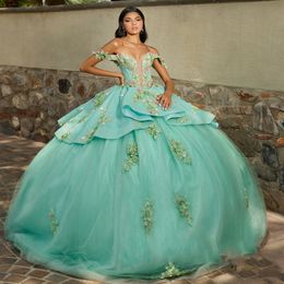 Sparky Mint Green 3D Flowers Off the Shoulder Quinceanera Dress With Ruffles Beads Tull Princess Ball Gown Sweet 16 Dress Lace-up