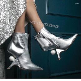 Boots Design Floating Faux Pearl And Angular Cutaway Heel Metallic Leather Ankle Side Zip Winter Runway Punk Women's Shoes