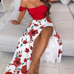 Work Dresses Women Boho Elegant High Side Split Maxi Long Skirts Suit With Strapless Crop Tops Matching Two 2 Piece Set Outfits 2023 Jupe