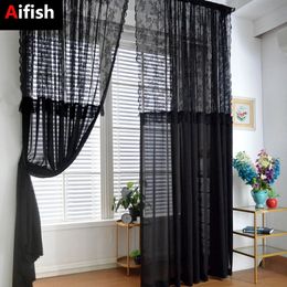 Curtain French Black Lace Tulle Sheer Curtains for Living Room Window Splicing Design Flower Light Filtering Drapes for Bedroom Balcony 231018