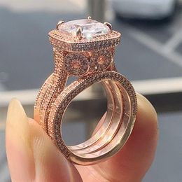 2020 New Arrival Stunning Luxury Jewelry 925 Sterling Silver&Rose Gold Full Cushion Shape White Topaz CZ Diamond 3PCS Women Weddin270O