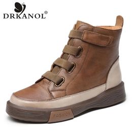 DRKANOL 337 Handmade Retro Genuine Leather Autumn Winter Snow Women Warm Shoes Mixed Colors Flat Ankle Boots 231018