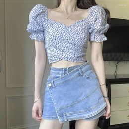 Women's T Shirts Woman's Tshirts Fashion Spring/summer Puff Sleeved Tall Waist V Neck Flotal Ladies Top T-shirt Drop HJT312