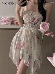 Casual Dresses WOMENGAGA Sweet Chiffon Tops Summer Sexy Beach Flower Ice Silk High Grade Mini Dress Korean Style Women 2023 Elegant G7WF