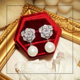 Dangle Earrings Drop For Women S925 Sterling Needles Cubic Zirconia Stereoscopic Camellia Imitation Pearls Vintage Fine Jewellery