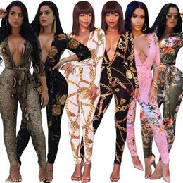 Sexy Elegant With Belt Print Casual Autumn Spring Lady Fashion Bandage Outfit Women Plus Size S-2XL Jumpsuits Rompers 6 Colours T202433