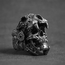 Cool Mens Boys 316L Stainless Steel Biker Rings Vintage Indian Jaguar Warrior Skull Punk Ring Gothic Jewellery Gift for Him Size 7-1327Q