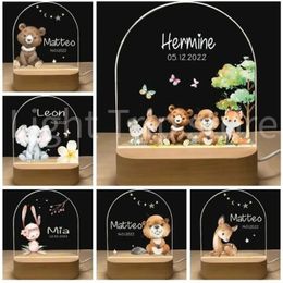 Novelty Items Personalized Baby Birth Night Light Custom Name Animal Elephant Lion with USB Wood Base Lamp for Bedroom Table Rainbow Decor 231017