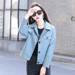 Women's Leather M-3XL Ladies Casual Faux Jackets Women Clothes 2023 Autumn Outwear Long Sleeve Biker Jacket Slim-Fit Lapels PU Coat