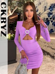 Casual Dresses Ladies Autumn Long Sleeve Hollow Out Sexy Bodycon Mini For Women Fashion Evening Party Club Wear Y2K Fall Outfits