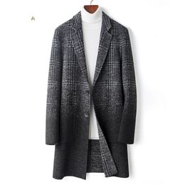 Men's Wool Blends 2023 Autumn Winter Fashion Gradient Plaid Woolen Jackets Male Long Sleeve Outerwear Men Windbreaker Coats 231017