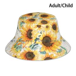 Berets Loose Watercolor Sunflowers Bucket Hat Sun Cap Floral Botani Bouquet Beautiful Pretty