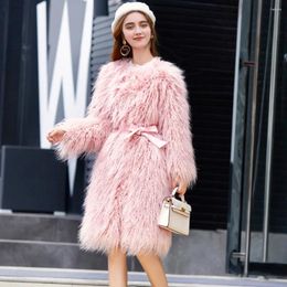 Women's Fur Pink Faux Coat Women Korean Version Of Solid Color Beach Wool Long Lamb Belt Jacket