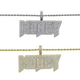 Chains Iced Out Bling 5A CZ Paved Gold Color Letter Money Pendant Necklace With Long Rope Chain Hip Hop Dollar Men Boy Jewel267h