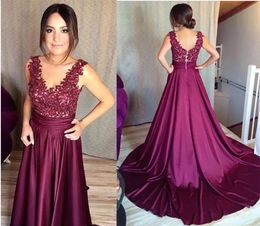 Prom Party Gown Dark Red Backless Evening Dresses A Line New Zipper Plus Size Custom Lace Up Applique V-Neck Sleeveless Satin