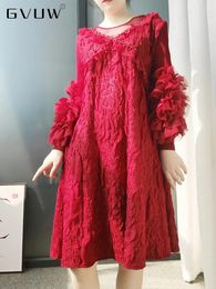 Casual Dresses GVUW Pleated Ankle-length Dress Women Lace Patchwork A-line Three-dimensional Flower 2023 Autumn Female Elegant Clothing