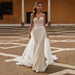 Bohemian Mermaid Satin Wedding Dresses For Women Sweethearts Lace Detachable Train Button Bridal Gown Sexy Backless 328 328