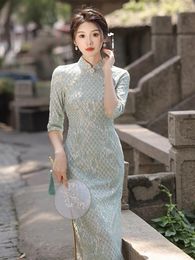 Ethnic Clothing Sexy Embroidery Chiffon Daily Qipao Dress Mandarin Collar Seven Points Sleeves Lace Chinese Cheongsam