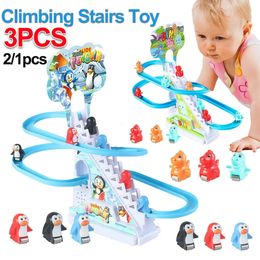 Electric RC Animals Kids Electric Climbing Stairs Toy DIY Small Dinosaur Rail Racing Track Music Roller Coaster Duck For Baby Gift 231018