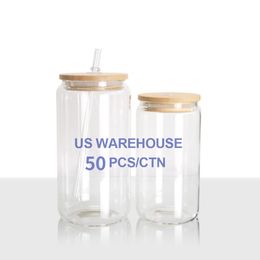 USA/CA warehouse 16oz frosted clear Beer can shaped sublimation beer can glass jar with Bamboo Lid and plastic Straws