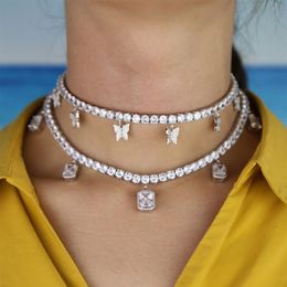 Heart arrow cz tennis chain with drip cz butterfly charm 32 10cm choker necklaces iced out bling multilayer women jewelry280S