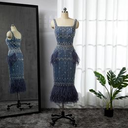 Urban Sexy Dresses Serene Hill Luxury Crystal Feathers Dubai Evening Dresses for Women Wedding Elegant Blue Lace Midi Arabic Party Gown LA71492A 231017