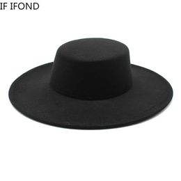 Wide Brim Hats Bucket Hats French Women's Hat Big Wide Brim 10CM Fedora Hat Winter Wool Derby Wedding Jazz Hats Flat Top Felt Hat 231018