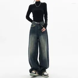 Women's Jeans Autumn And Winter Fashion Trend Letter Straight Loose Wide-leg Pants Washed Blue Retro Show Long Legs