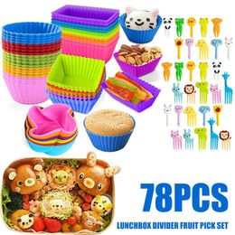 Baking Moulds 78Pcs Lunch Box Dividers with Fruit Fork Bento Silicone Cupcake Liners Heat Resistant Muffin Cups Cake Moulds Set for Kids 231018