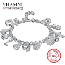 YHAMNI Brand Unique Design 925 Silver Bracelet Fashion Jewellery Charm Bracelet 13 Pendants Bracelets Bangles For Women H144182I