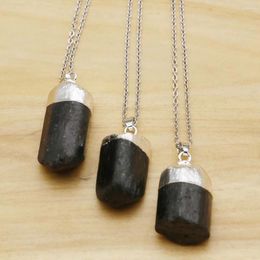 Pendant Necklaces Fashion Natural Stone Raw Ore Black Tourmaline Stainless Steel Chain Necklace Plating Silver Charms DIY Jewellery Gift 1Pc