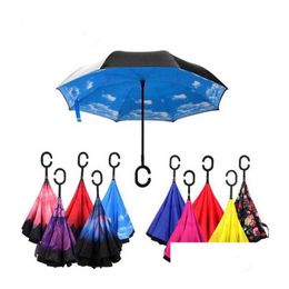 Umbrellas Windproof Reverse Folding Double Layer Inverted Chuva Umbrella Self Stand Inside Out Rain Protection C-Hook Hands For Car Dhmvf